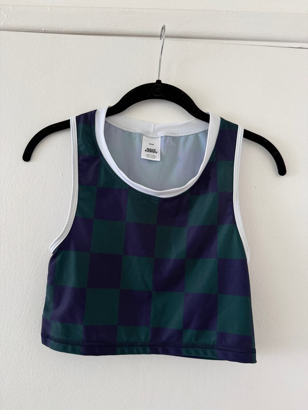 Salt Gypsy x Free People Green and Navy Checkered Crop Surf Top Size Medium